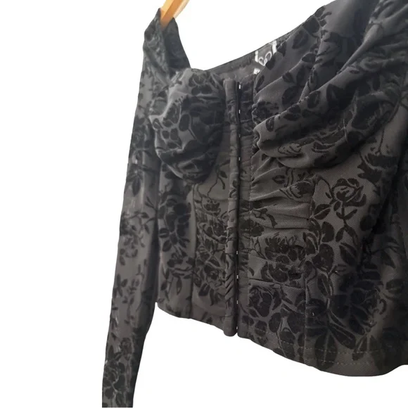 Windsor Womens Long-Sleeve Black Velvet Bustier Crop Top, Size Small - Picture 6 of 12